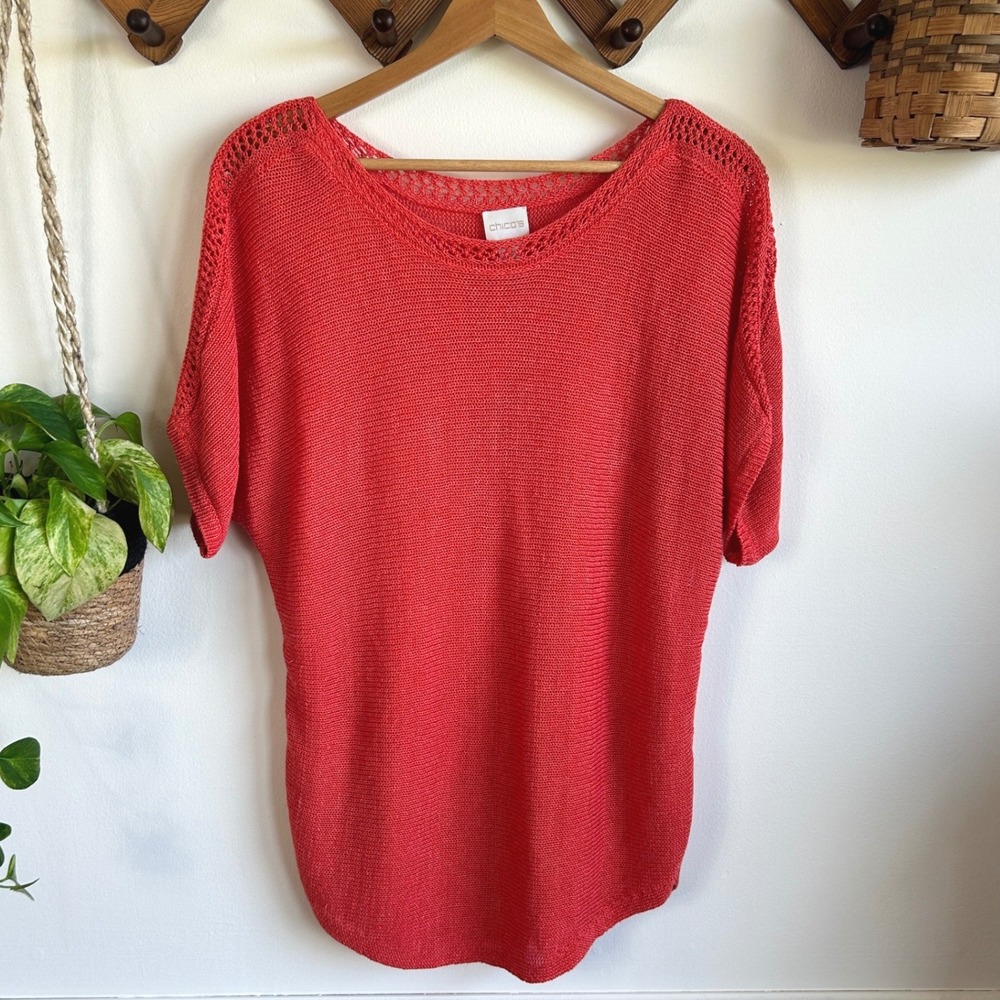 Chicos Linen Blend Crochet Trim Dolman Sleeve Knit Top Coral Red Size 2 Large